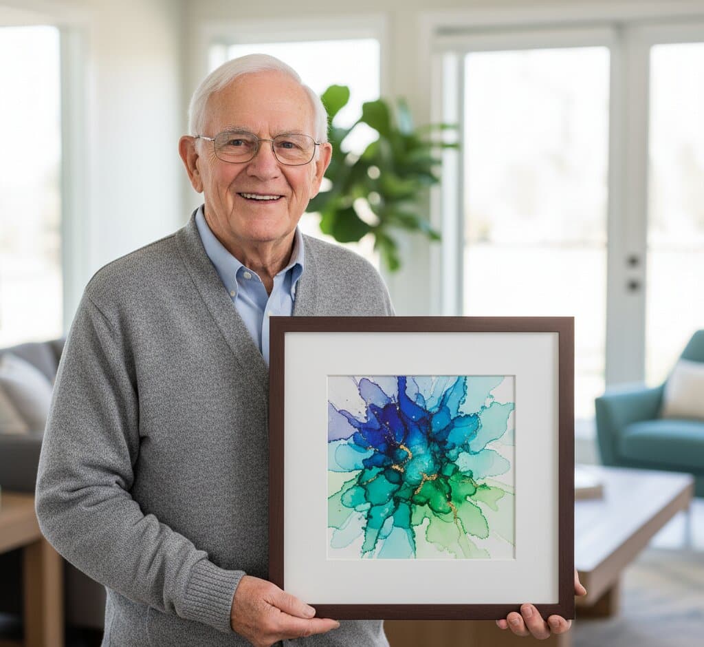 Smiling senior man in gray cardigan sweater and light blue collared shirt holds Brown Wood picture frame with white mat displaying stunning alcohol ink abstract art featuring radiating starburst pattern in deep cobalt blue, vibrant turquoise, emerald green, and lime transitioning outward with organic fluid shapes and gold metallic accents in bright contemporary living room with floor-to-ceiling windows and potted fiddle leaf fig demonstrating timeless custom framing for modern abstract artwork and meaningful personal art collection with warm espresso wood grain finish