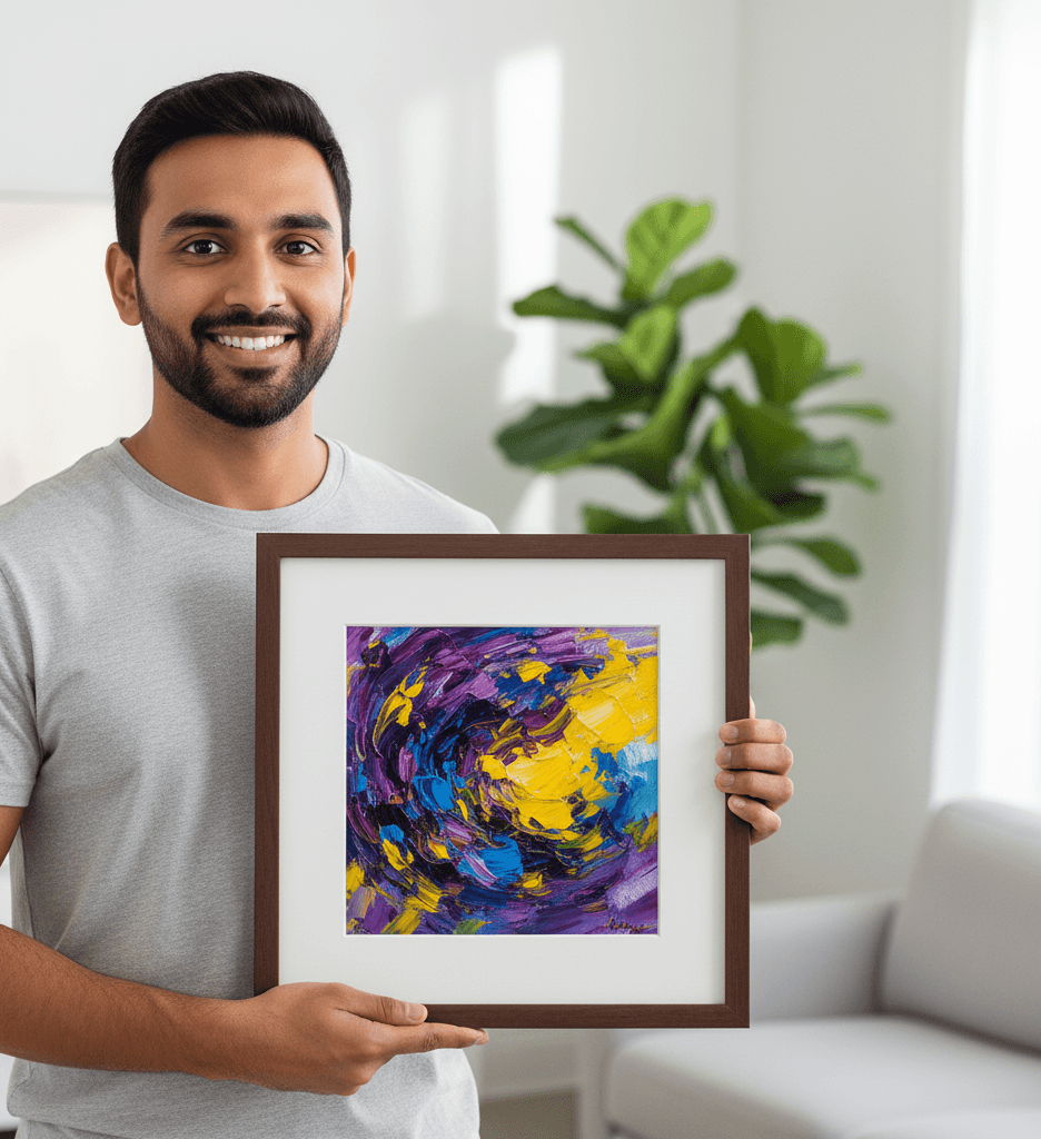 Man holding Brown Wood frame with white mat board showcasing vibrant abstract art print in contemporary home setting