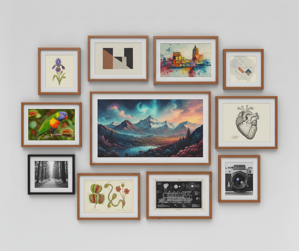 Collage wall arrangement featuring mixed genre artwork in dark Brown Wood frames creating eclectic gallery display