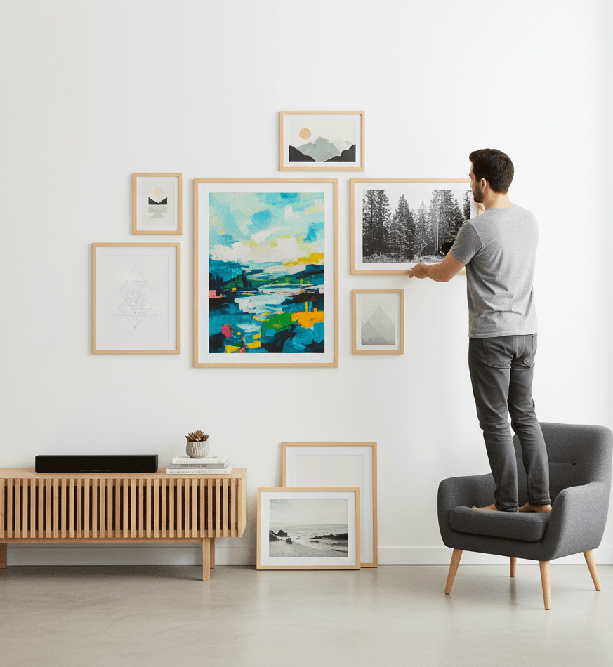Man stands on gray chair arranging wall gallery of Natural Wood framed artwork including abstract paintings photographs and geometric prints in minimalist living space