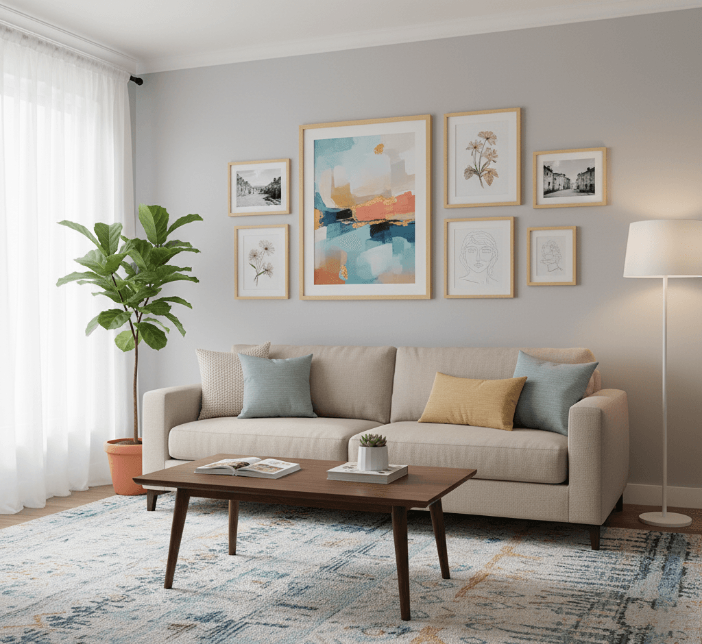 Modern living room with beige sofa and plant features symmetrical gallery wall of Natural Wood framed abstract and botanical artwork