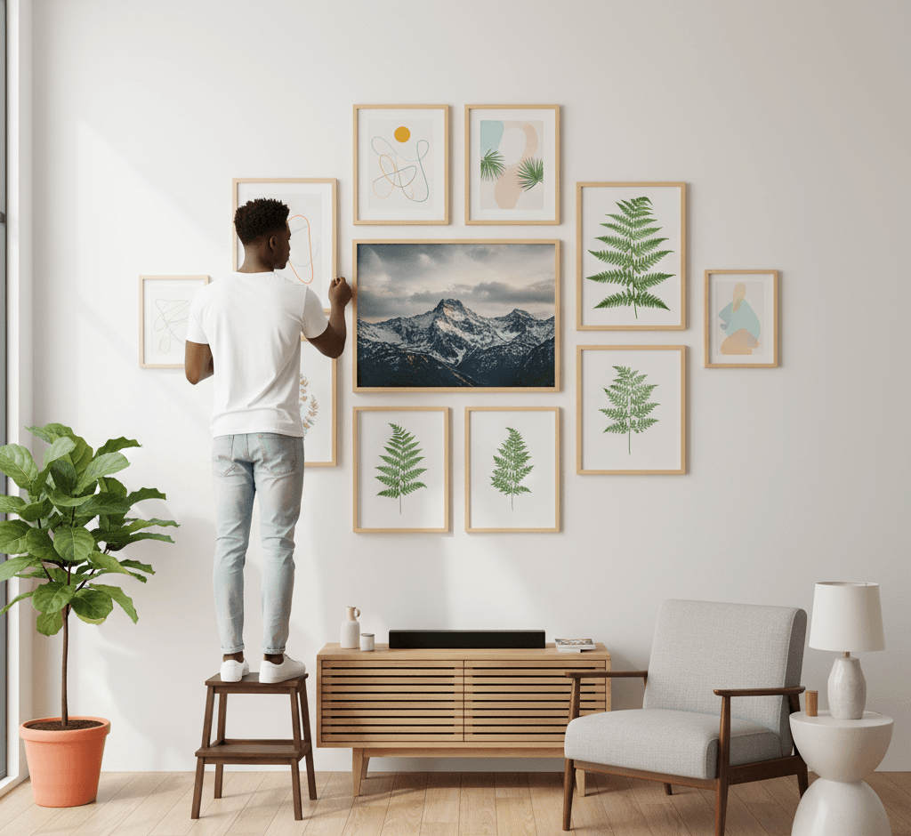 Man stands on stool adjusting gallery wall of Natural Wood framed art prints featuring botanical leaves abstract shapes and mountain landscape in bright modern room