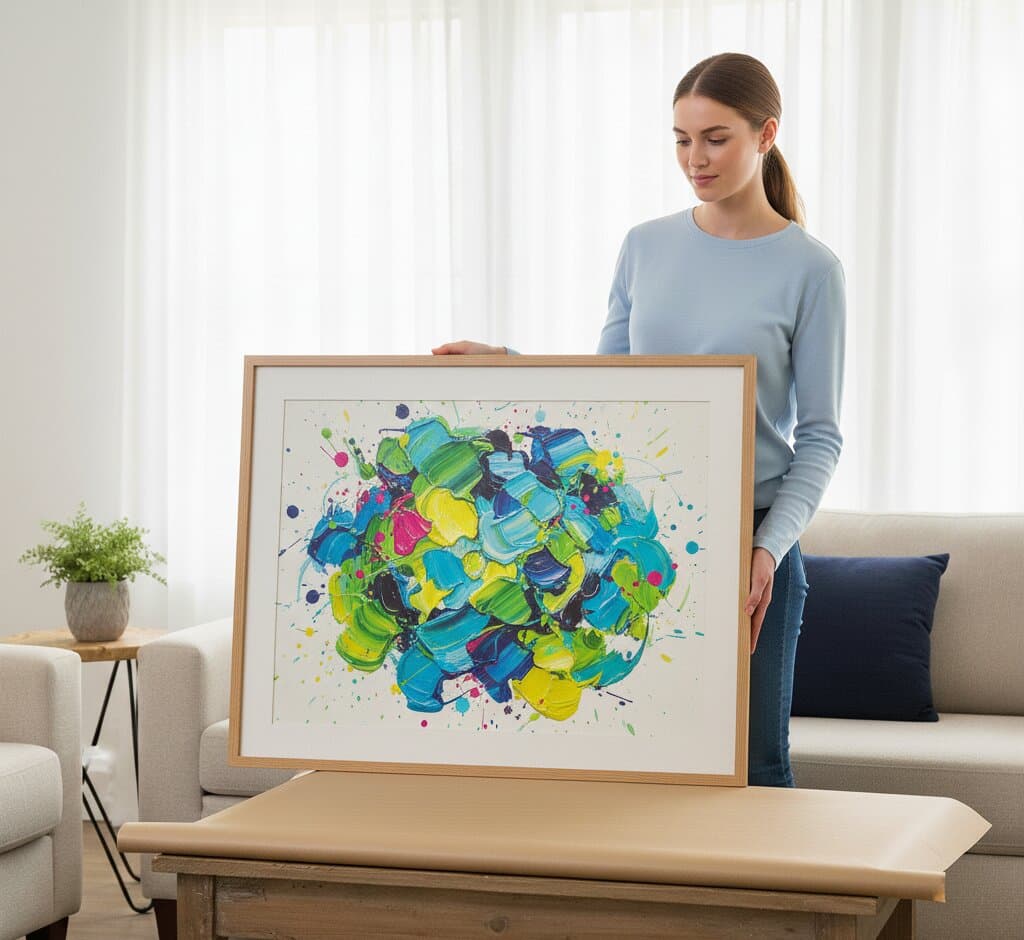 Woman in powder blue sweater examining large Natural Wood picture frame with generous white mat displaying spectacular abstract expressionist painting featuring vibrant lime green, emerald, turquoise, cobalt blue, sunshine yellow, hot pink, and magenta paint in organic swirling shapes with energetic brushstrokes on soft white background in bright minimalist living room with beige sofa and navy pillows demonstrating professional custom framing for contemporary fluid art and vibrant abstract paintings with clean pale natural wood finish perfect for modern Scandinavian-inspired interiors