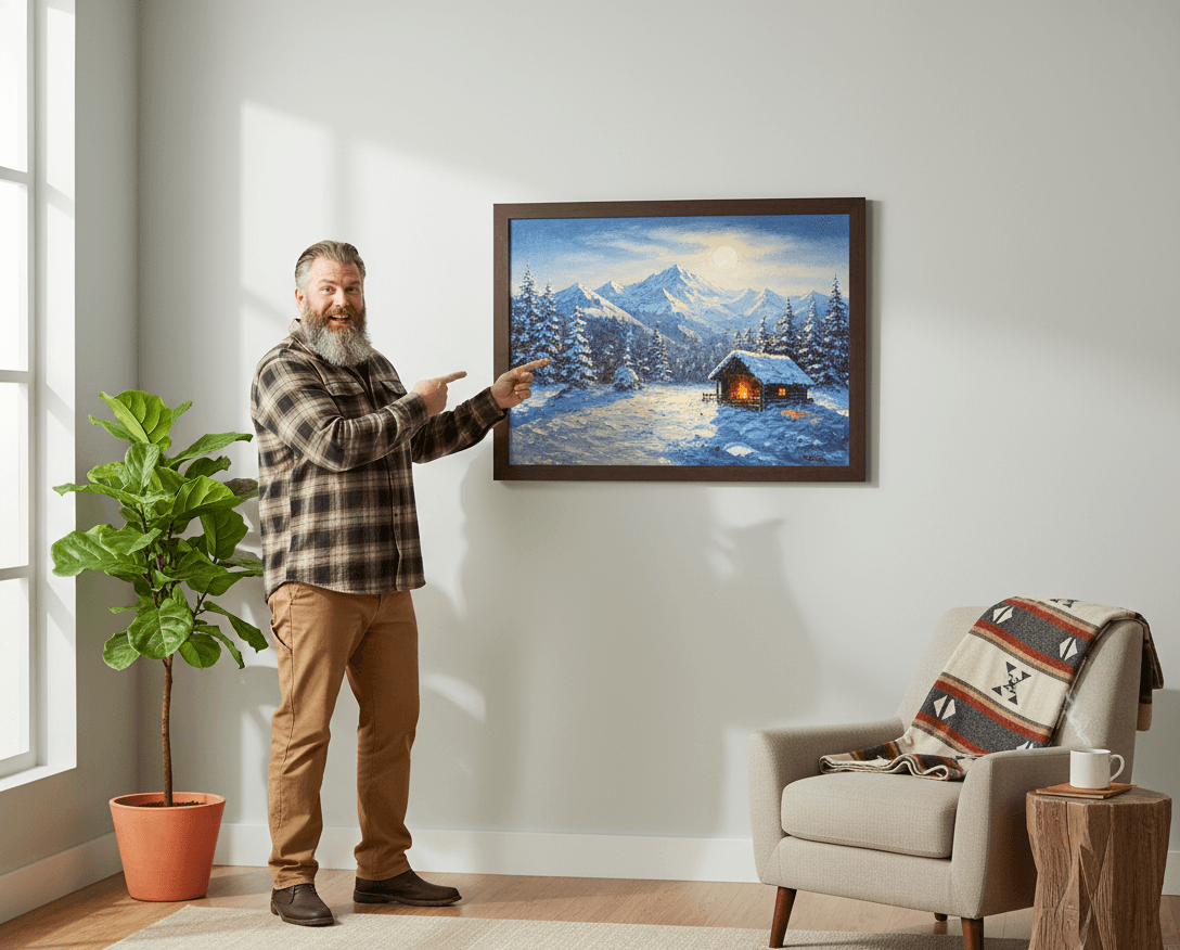 Close-up of hands holding brown wood frame with small landscape photo of driftwood on beach shot in soft natural light