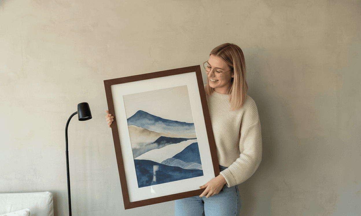 Smiling woman in beige sweater holding large framed watercolor painting of blue and tan mountains in minimalist modern home interior