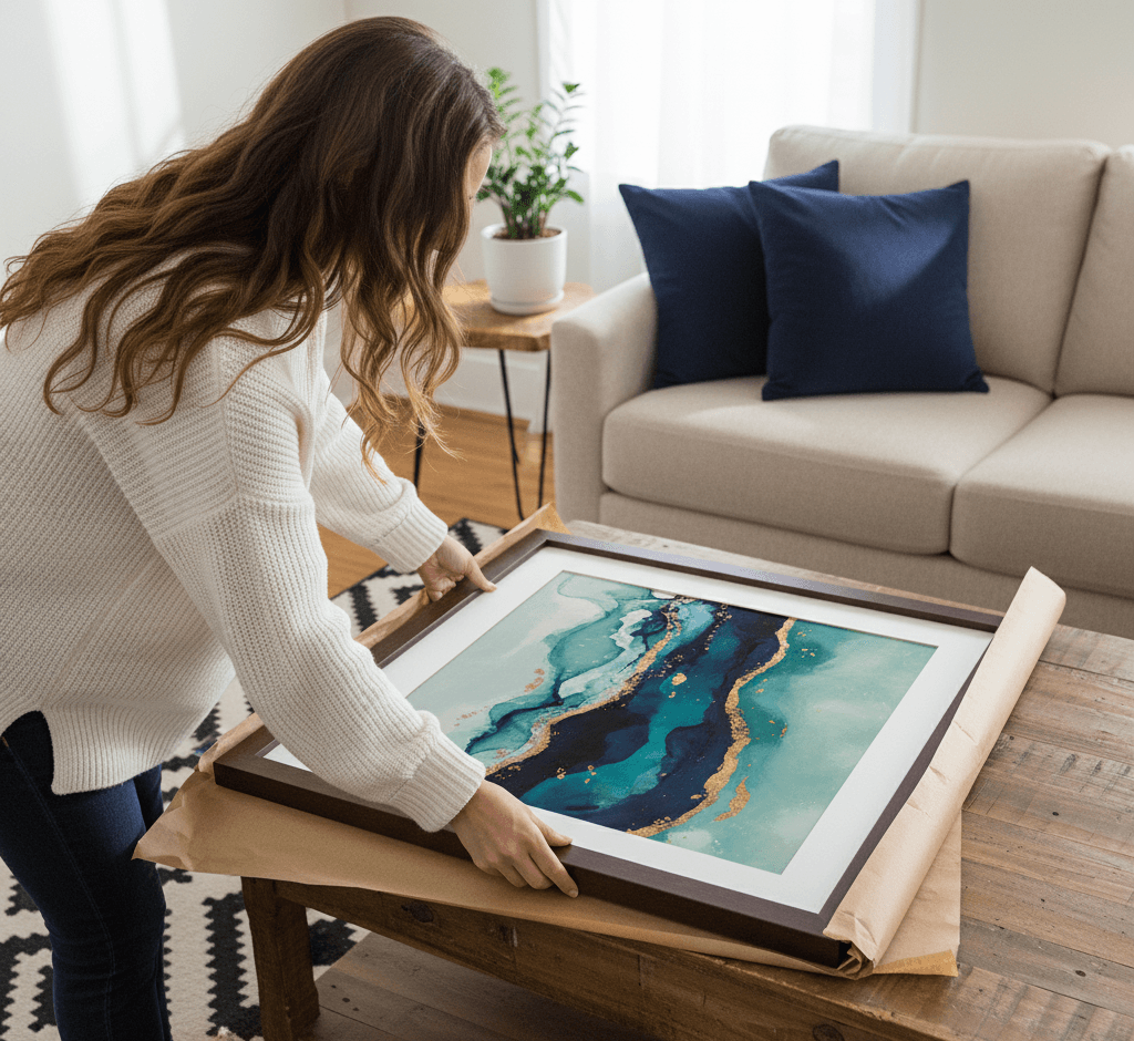 Woman carefully unwrapping brown wood frame containing abstract teal and navy painting on rustic wooden coffee table in bright living room