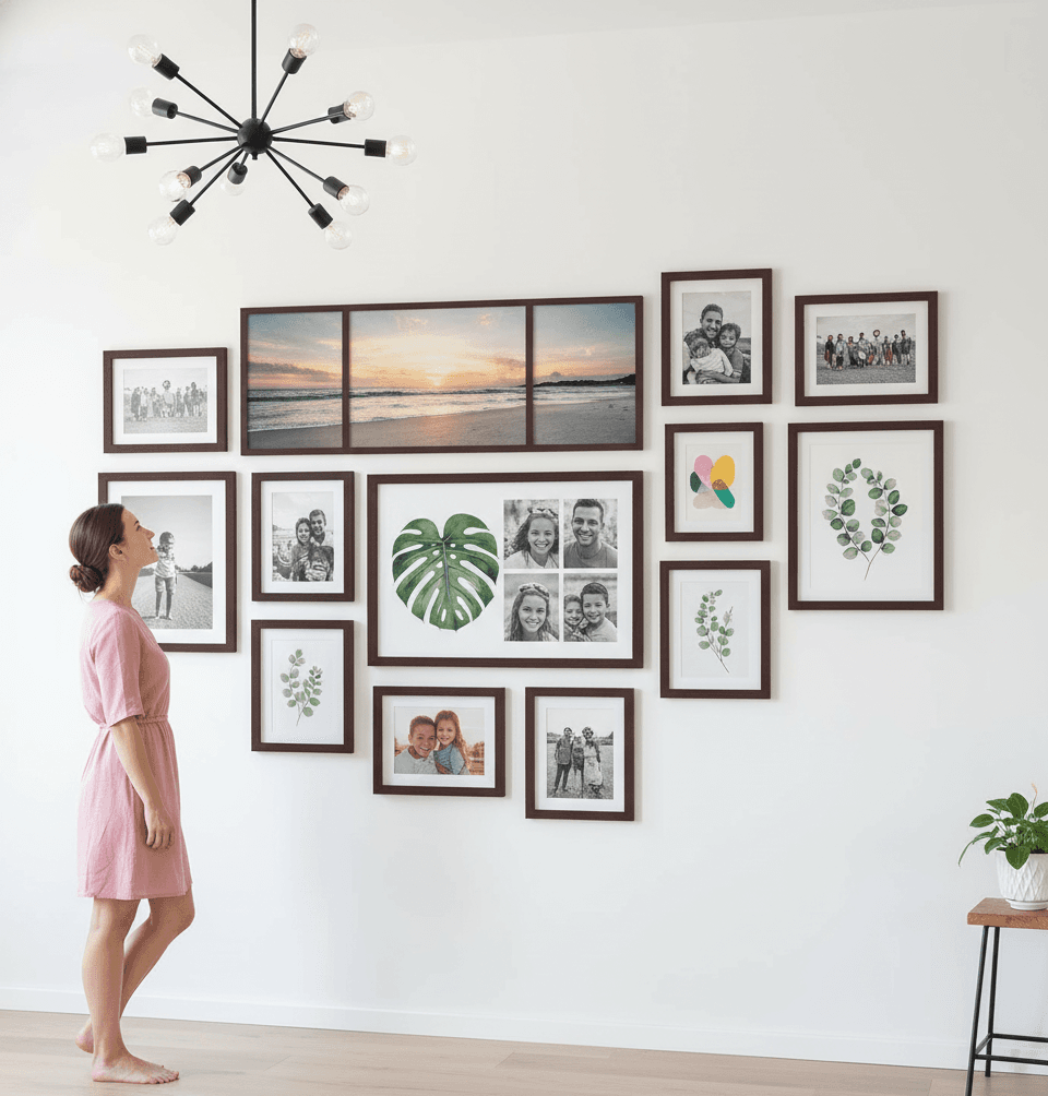 Woman in pink dress admiring large gallery wall of brown wood frames displaying family photos greenery prints and panoramic beach sunset