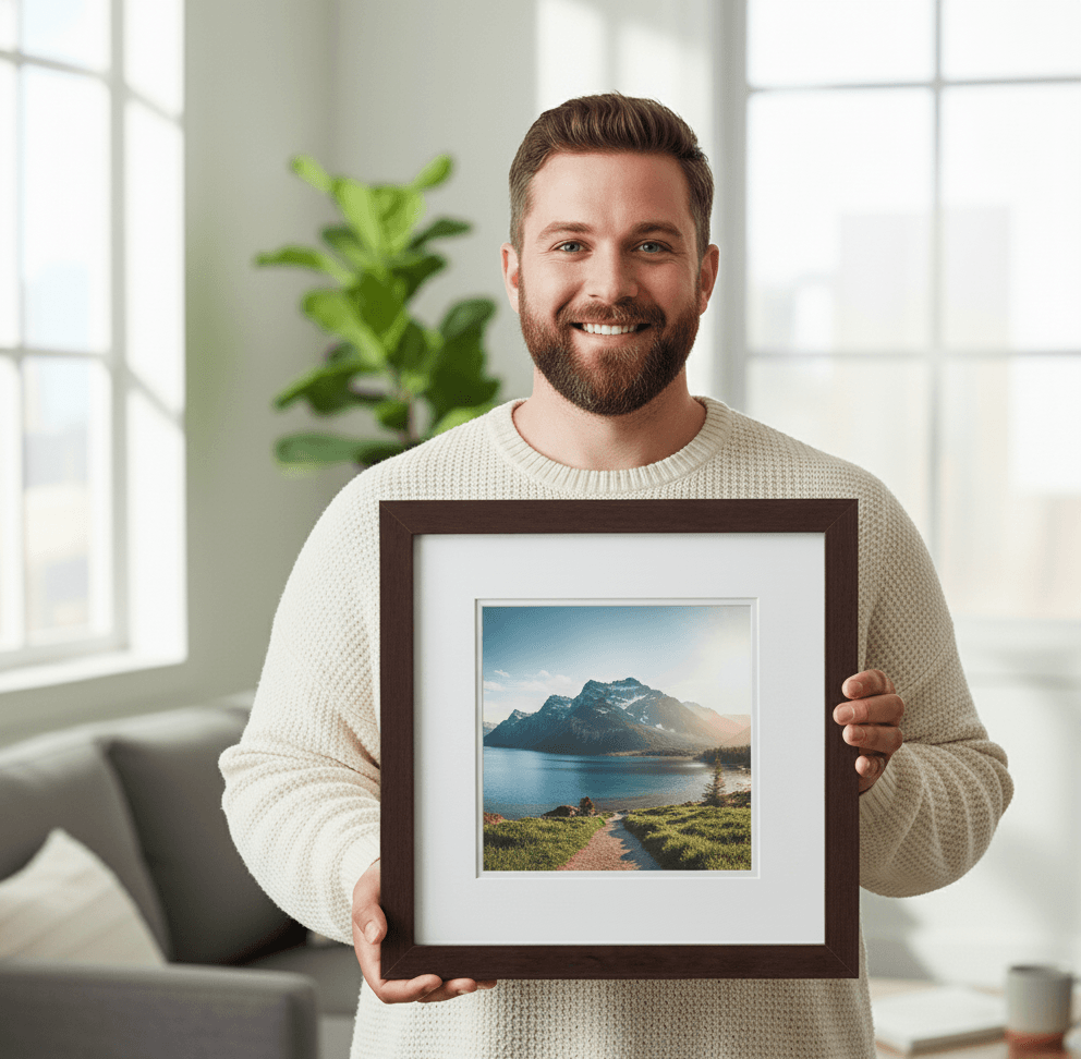 Man in cream sweater holding square brown wood picture frame featuring bright landscape photograph of mountain lake scene