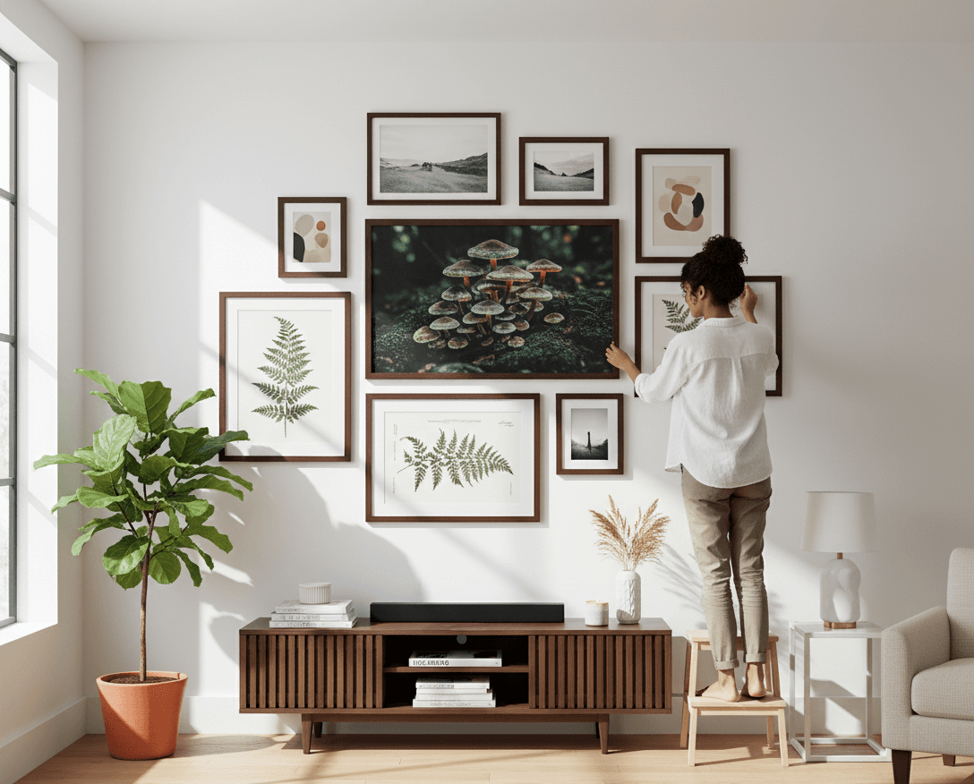 Woman adjusting gallery wall of brown wood frames featuring botanical fern prints mushroom art and nature photography in modern sunlit living room