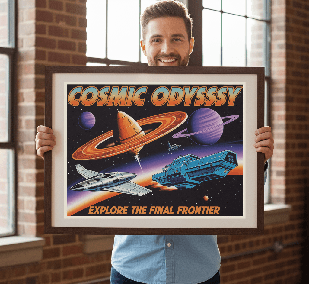 Smiling man in denim shirt holding large retro space poster Cosmic Odyssey with planets and spaceships in brown wood frame with white mat in industrial loft with exposed brick