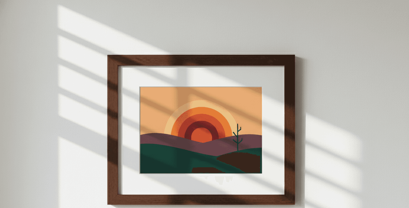 Modern minimalist artwork featuring geometric sunset with layered rainbow circles and silhouette tree on white wall in brown wood frame with dramatic window light shadows