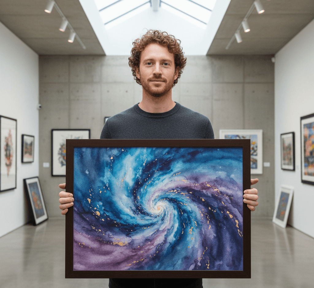 Senior man in mustard sweater holding iconic Japanese Great Wave off Kanagawa woodblock print in brown wood frame with beige mat in elegant home library setting
