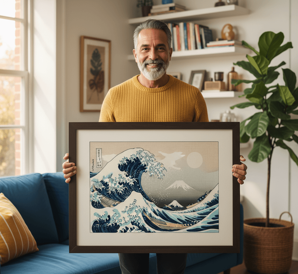 Man in gallery viewing cosmic spiral galaxy painting with blue and purple nebula in brown wood frame displayed in modern art gallery with skylight and multiple framed works