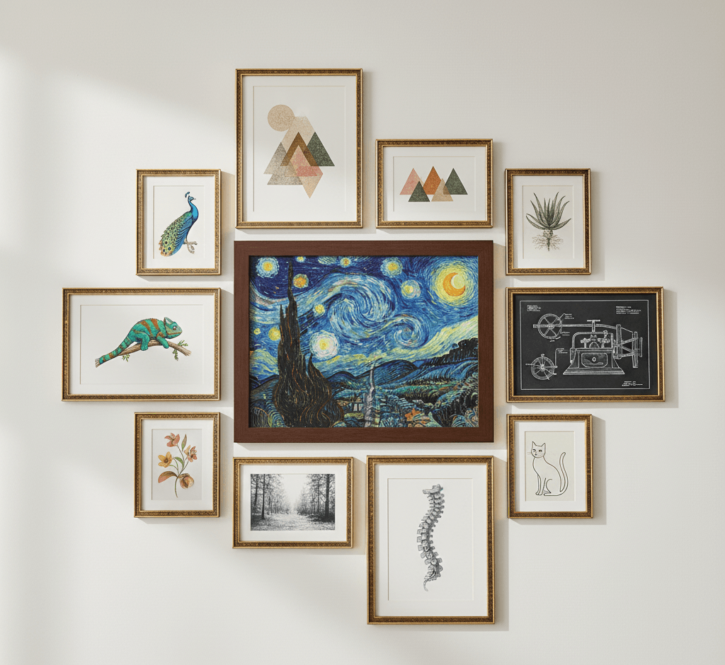 Woman decorating bright living room wall with brown wood frames displaying mid-century inspired illustrations in modern minimalist setting