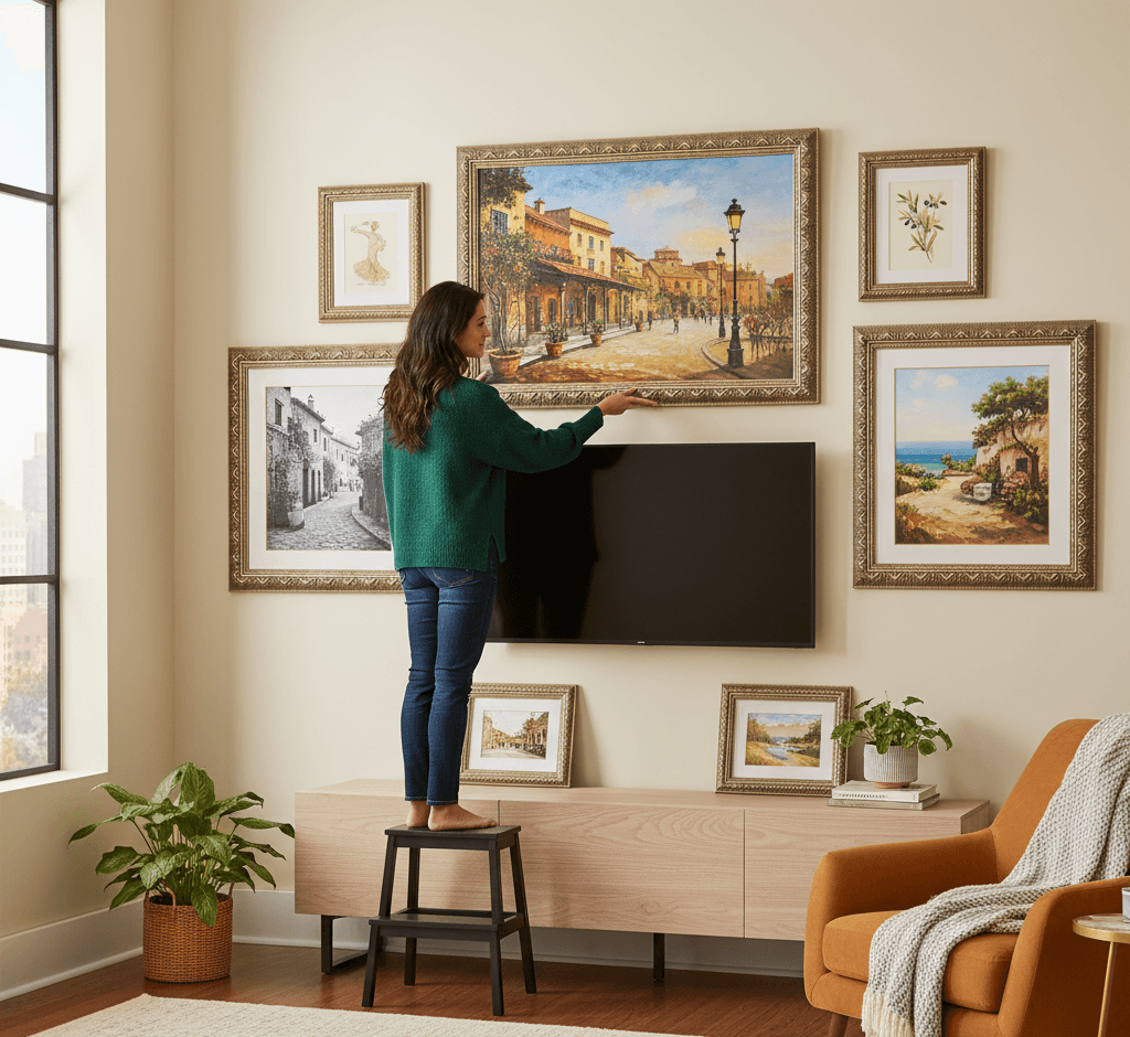 Woman arranging ornate gold picture frames displaying European street scene paintings around flat screen television creating elegant gallery wall in modern living room