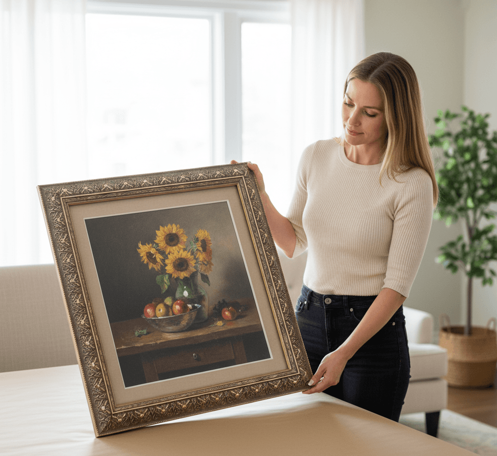 Woman admiring ornate decorative gold picture frame with wide champagne silver finish displaying classical still life painting of sunflowers and fruit in bright interior