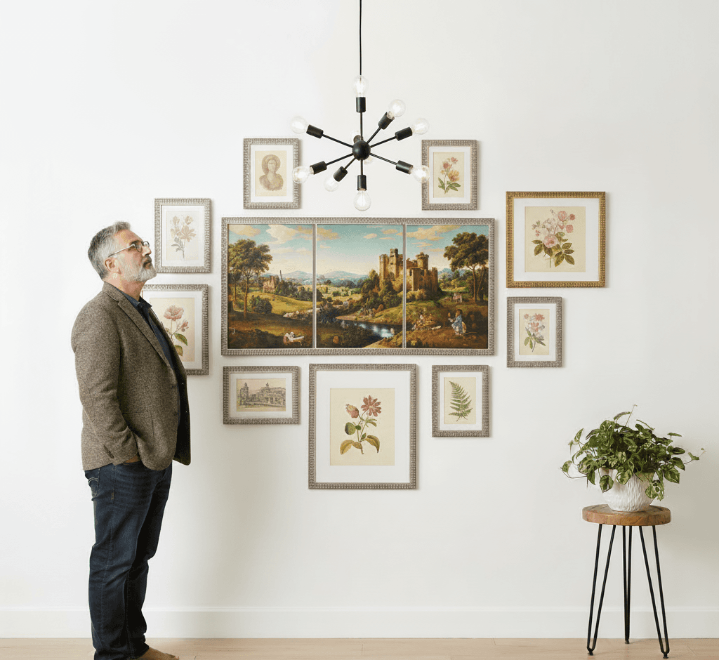 Man admiring ornate gold frame gallery wall featuring three-panel classical castle landscape triptych surrounded by botanical fern prints under mid-century sputnik chandelier
