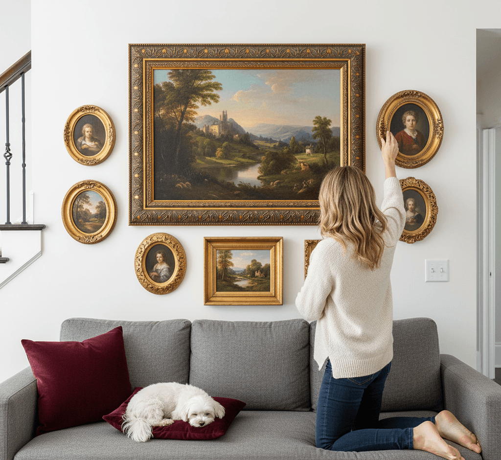 Woman adjusting stairway gallery wall of ornate oval and rectangular gold frames featuring large classical castle landscape painting Dutch master portraits and countryside oil paintings with white fluffy dog