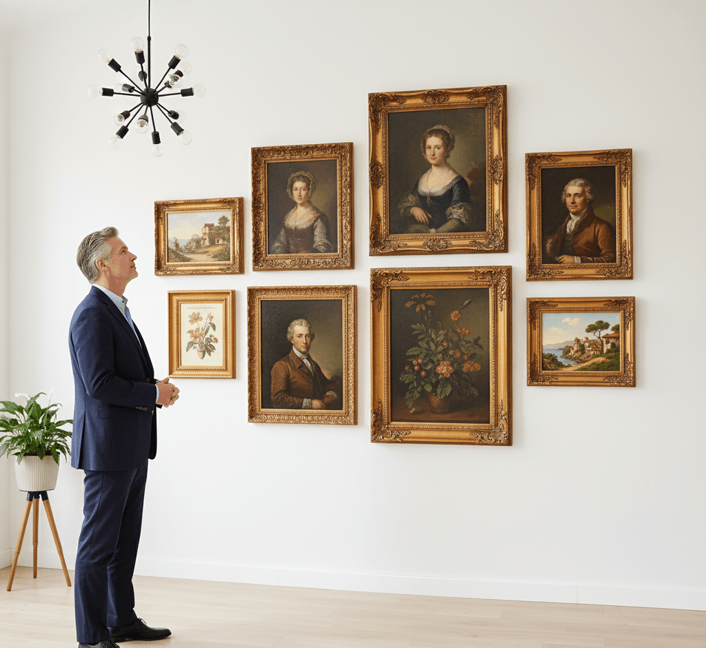 Businessman admiring formal gallery wall of ornate gold picture frames displaying classical oil painting portraits formal still life florals and European landscape art under modern sputnik chandelier