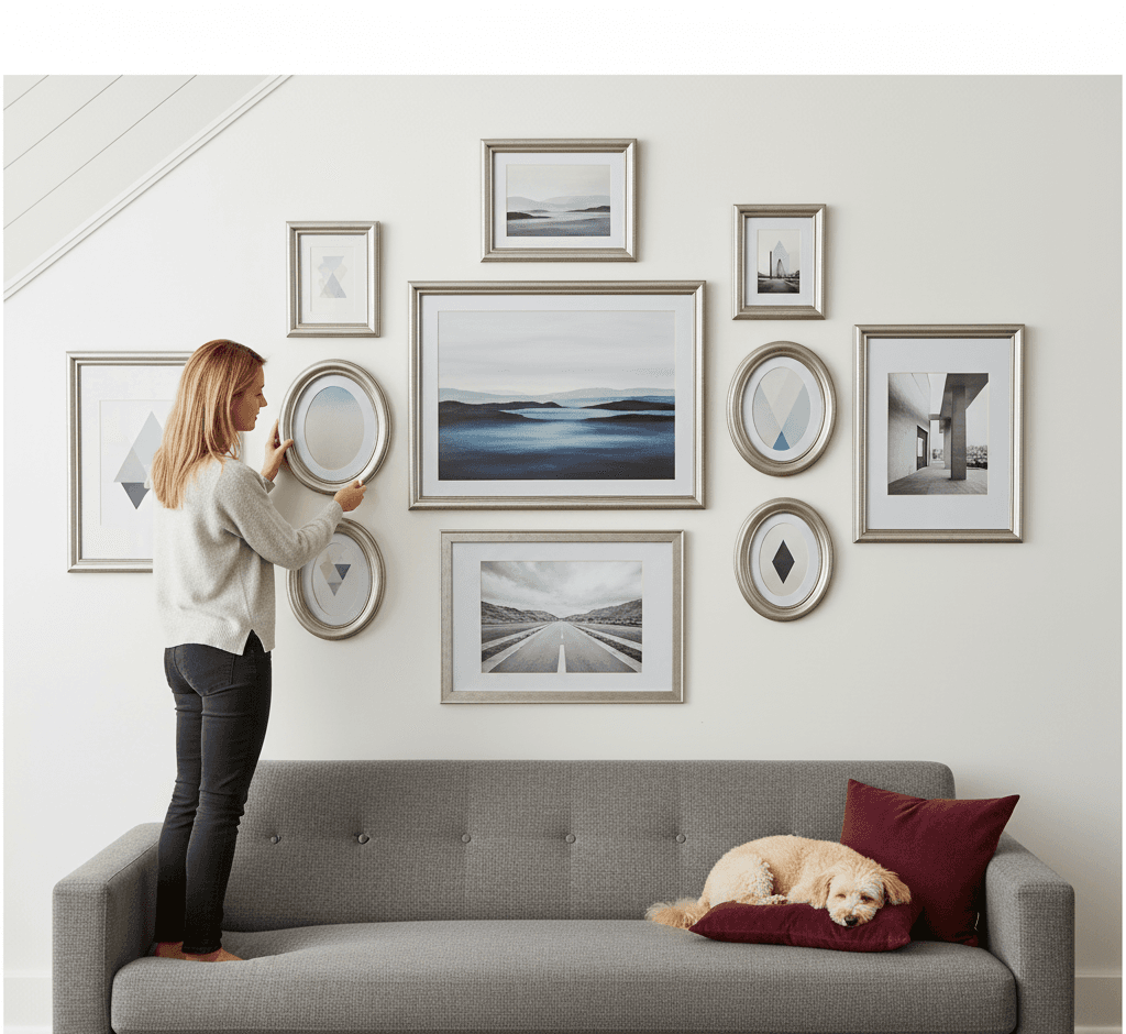 Woman arranging personalized gallery wall using antique silver frames with oval and rectangular shapes displaying scenic landscape photography and abstract geometric art above modern gray sofa with golden retriever