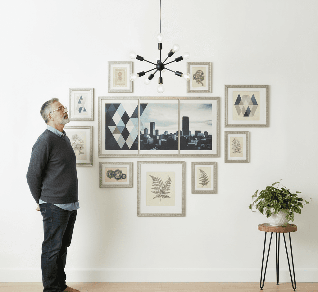 Gallery wall featuring antique silver picture frames with cream mats displaying three-panel cityscape triptych, geometric triangle prints, and vintage botanical illustrations under modern sputnik chandelier