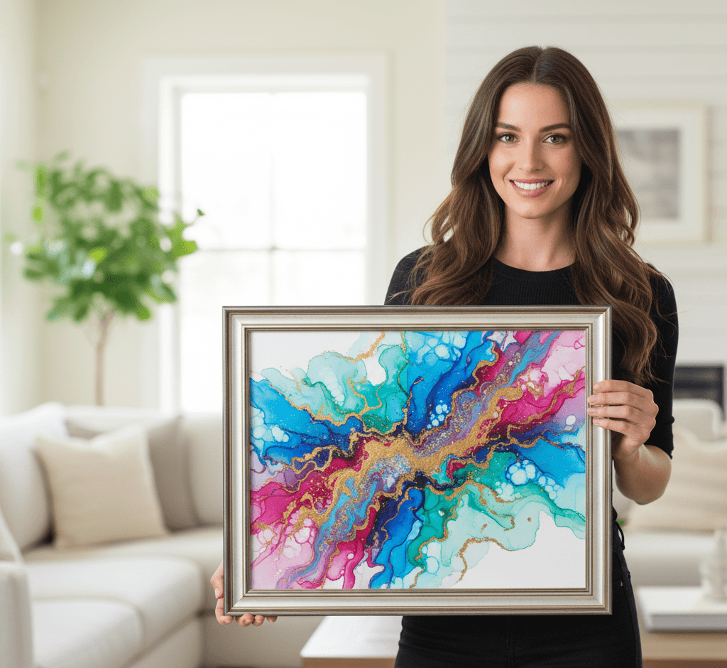 Woman presenting vibrant fluid art abstract painting with turquoise, pink, and gold swirls professionally framed in antique silver picture frame with stepped silver finish and cream panel in modern home