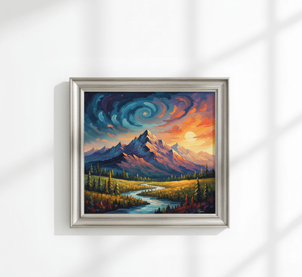 Dramatic mountain wilderness landscape oil painting with swirling orange and blue sunset sky professionally framed in antique silver picture frame with traditional stepped silver finish