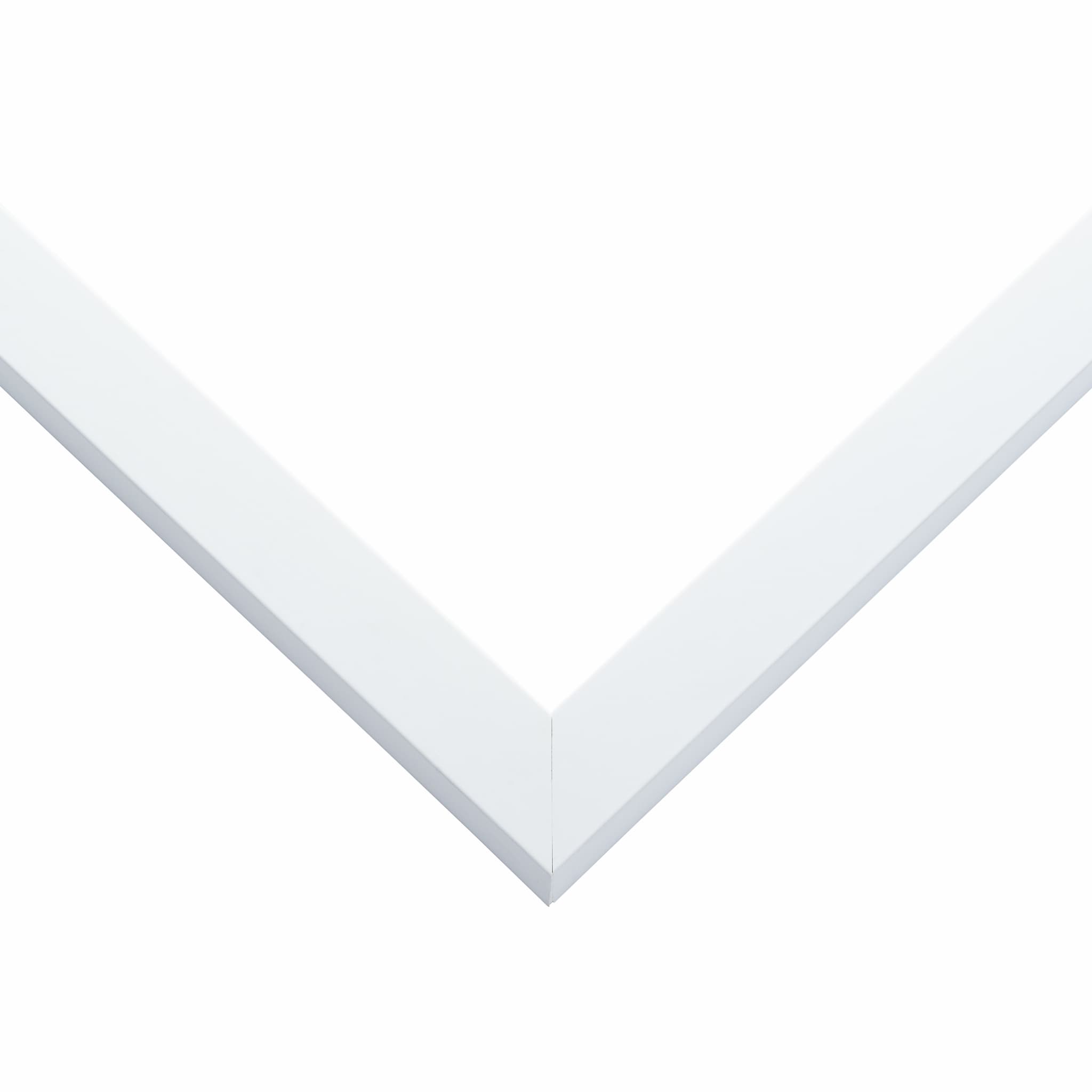 White Wood picture frame corner detail showing clean white finish with precision mitered joint and classic wood grain texture