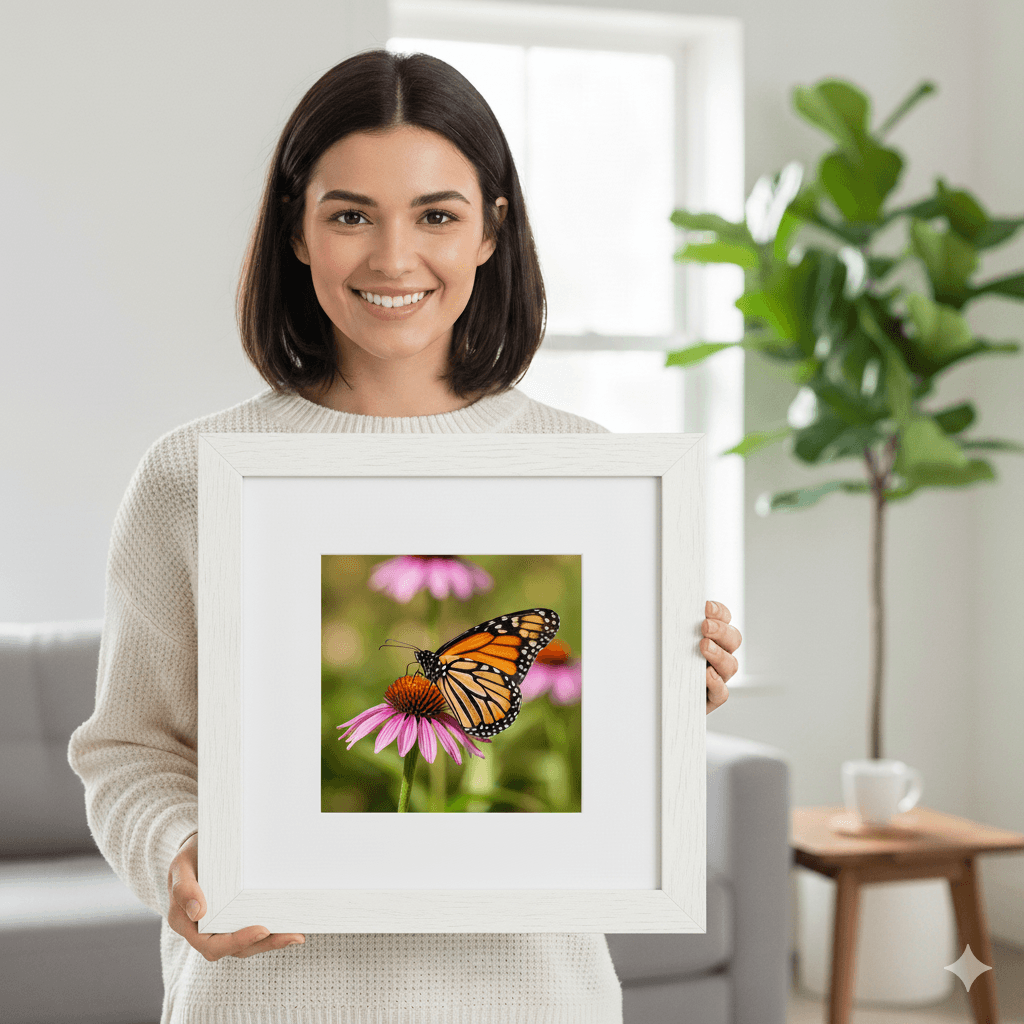 Person holding White Wood frame with vibrant monarch butterfly nature photography showcasing clean white finish perfect for wildlife and nature prints