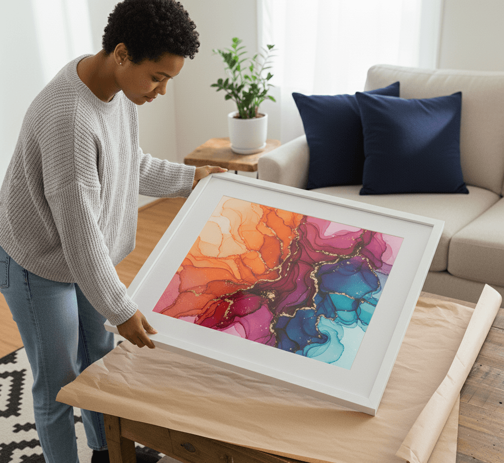 Woman kneeling on sofa hangs colorful geometric and leaf prints in White Wood frames along stairway wall in modern living room demonstrating clean white finish for contemporary art display