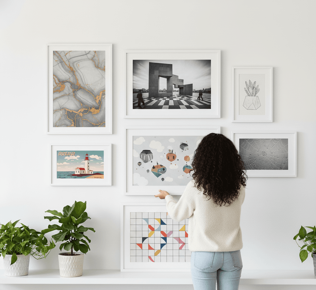 Bright modern gallery wall with White Wood frames displaying ocean landscape art family photos and botanical prints under contemporary chandelier showcasing versatile white styling