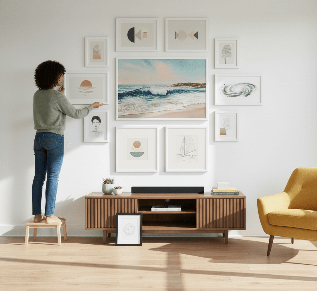Woman on stool arranges abstract teal and gold artwork within balanced gallery wall of White Wood picture frames in sunlit living room demonstrating elegant white finish