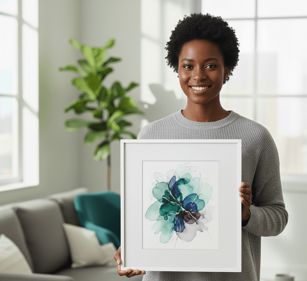 Smiling man in blue shirt points at large abstract painting in White Wood frame hanging above mid-century armchair and plant showcasing clean white styling