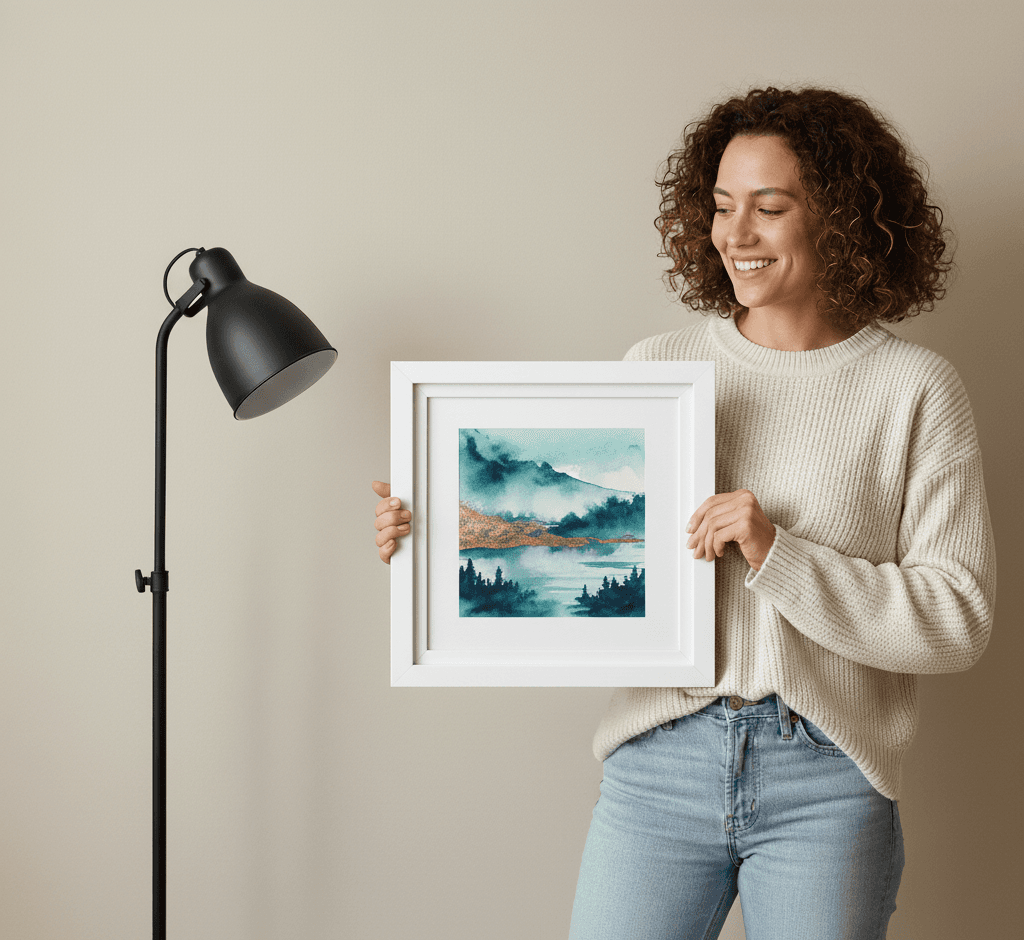 Close-up of White Wood picture frame displaying vivid portrait painting of woman with dark hair hanging on white wall with natural light showcasing classic white finish