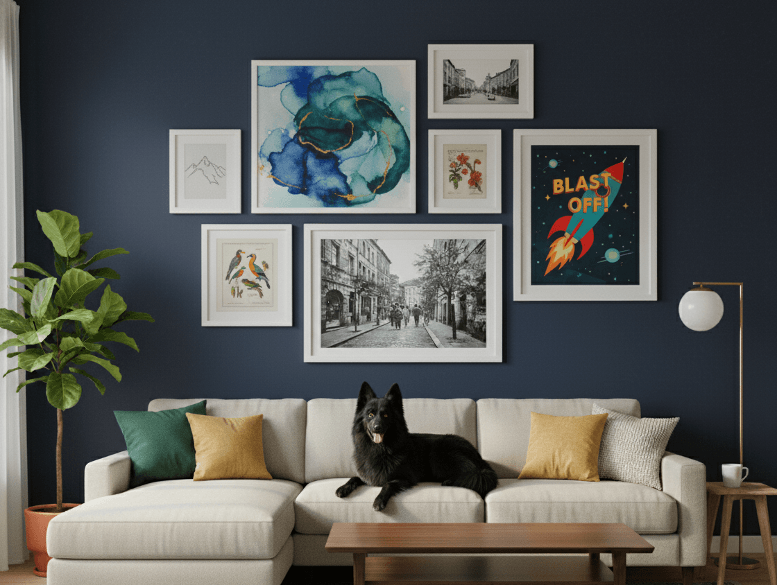 Hand holds White Wood frame containing abstract geometric art in teal navy and rust tones with sunlight streaming across wall demonstrating clean white styling for modern artwork