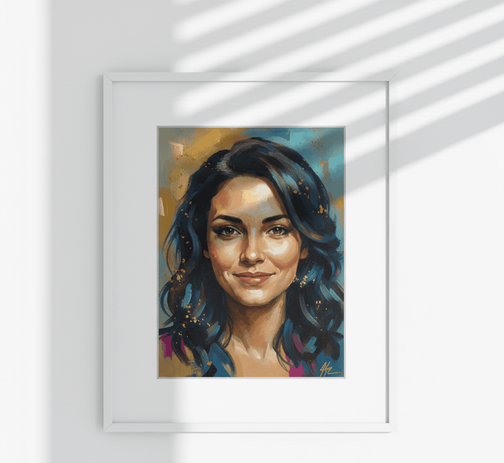 Smiling woman in cream sweater holds White Wood picture frame with mountain landscape painting in blue and gold hues demonstrating elegant white finish for nature art