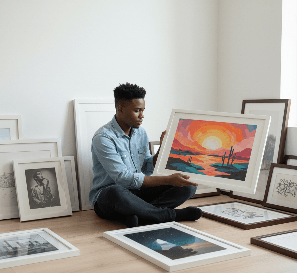 Man places large abstract watercolor artwork in teal and purple tones into White Wood frame on wooden table in cozy living room showcasing classic white styling