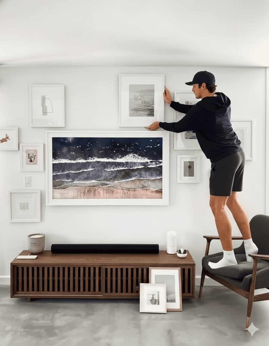Person arranging White Wood frames in coastal gallery wall featuring ocean photography demonstrating versatile white styling for beach-themed interiors