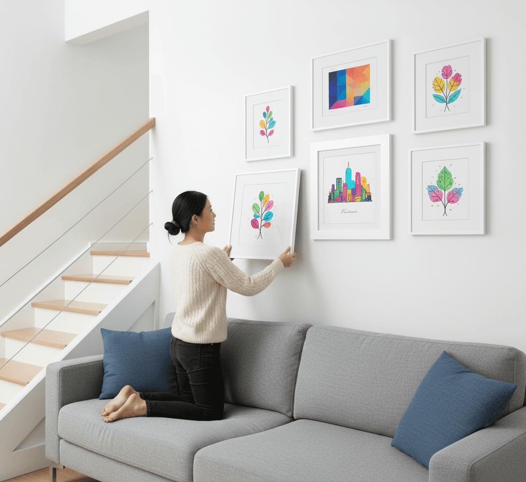 Woman in gray sweater arranges watercolor and cityscape art prints in White Wood frames on staircase gallery wall demonstrating versatile white finish for modern interiors