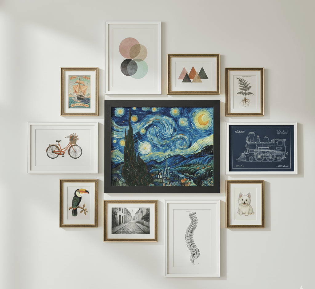Gallery wall with ocean wave painting botanical illustrations and family portraits in White Wood picture frames beneath modern chandelier showcasing clean white styling