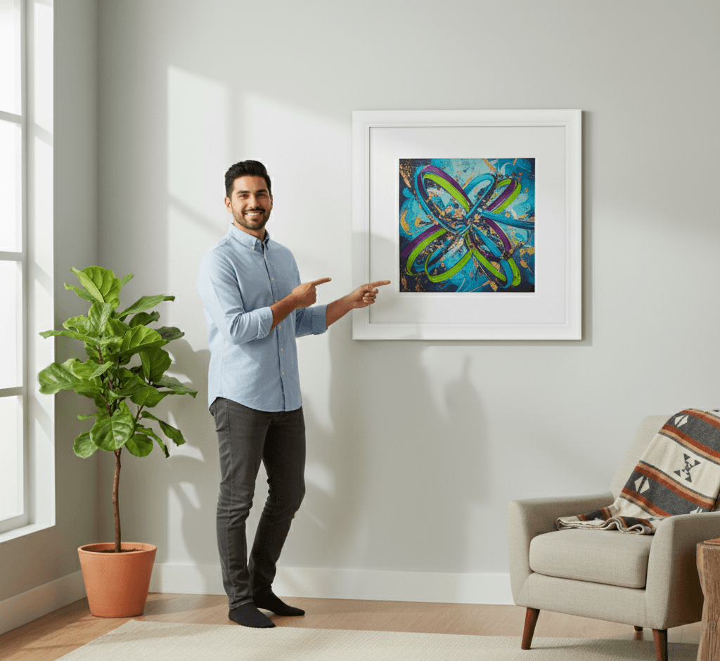 Woman standing on stool adjusts large teal and gold abstract artwork within White Wood framed gallery wall featuring ferns and architectural sketches demonstrating elegant presentation