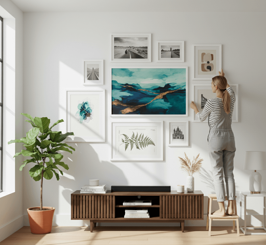 Smiling man points toward square abstract artwork in crisp White Wood frame above chair and throw blanket in softly lit room showcasing timeless white finish