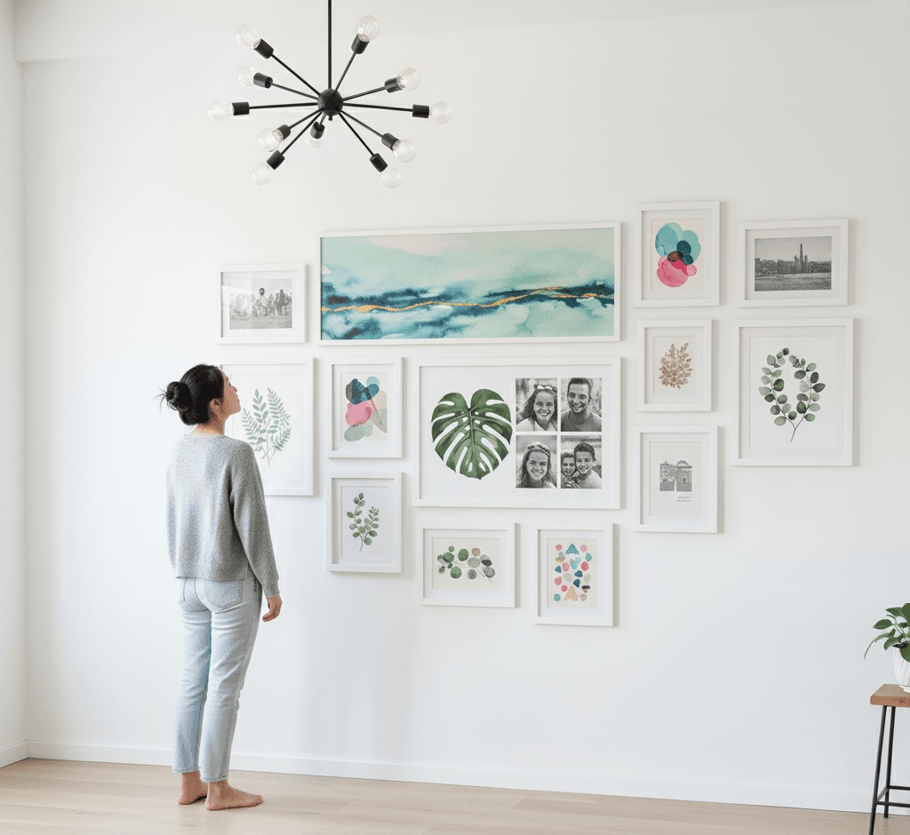 Art gallery wall featuring Van Gogh Starry Night botanical sketches and mechanical blueprints in coordinating White Wood and gold picture frames demonstrating versatile frame mixing for eclectic displays