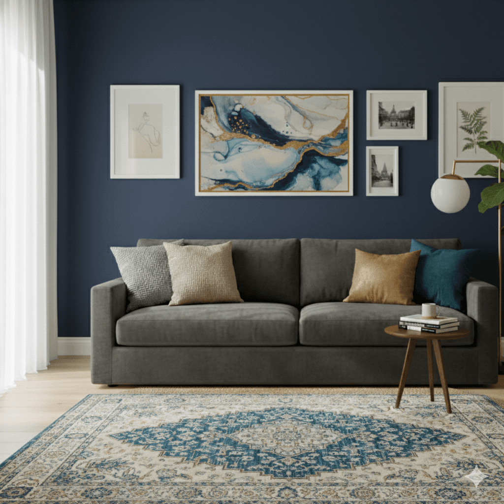 White Wood frames in curated gallery wall on navy blue accent wall mixing white frames with gold centerpiece featuring botanical and abstract artwork
