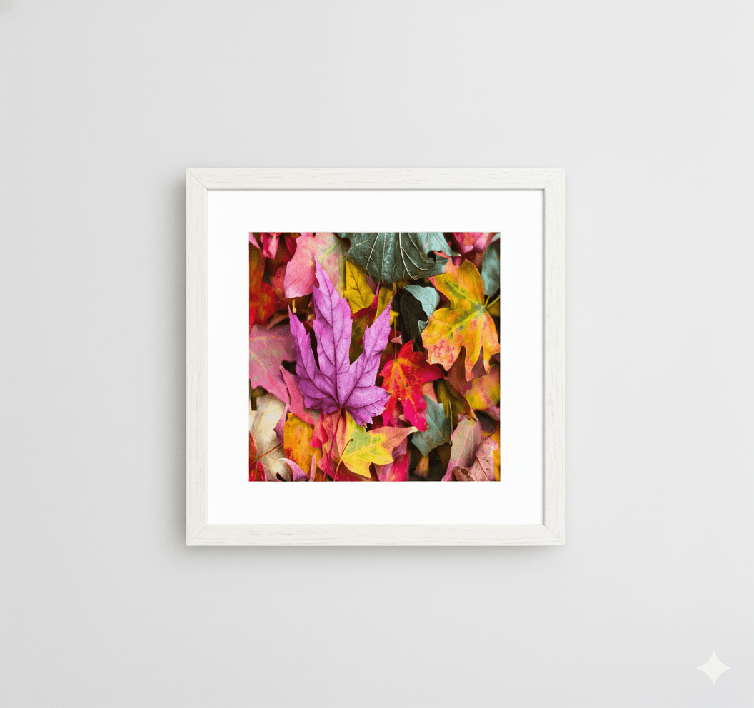 White Wood picture frame displaying vibrant autumn leaves photography on neutral wall showcasing clean white finish for seasonal nature artwork