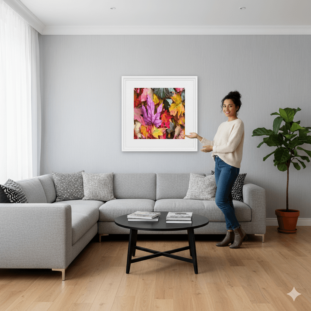 Person presenting White Wood framed autumn leaves artwork in contemporary living room with gray accent wall demonstrating elegant white frame styling