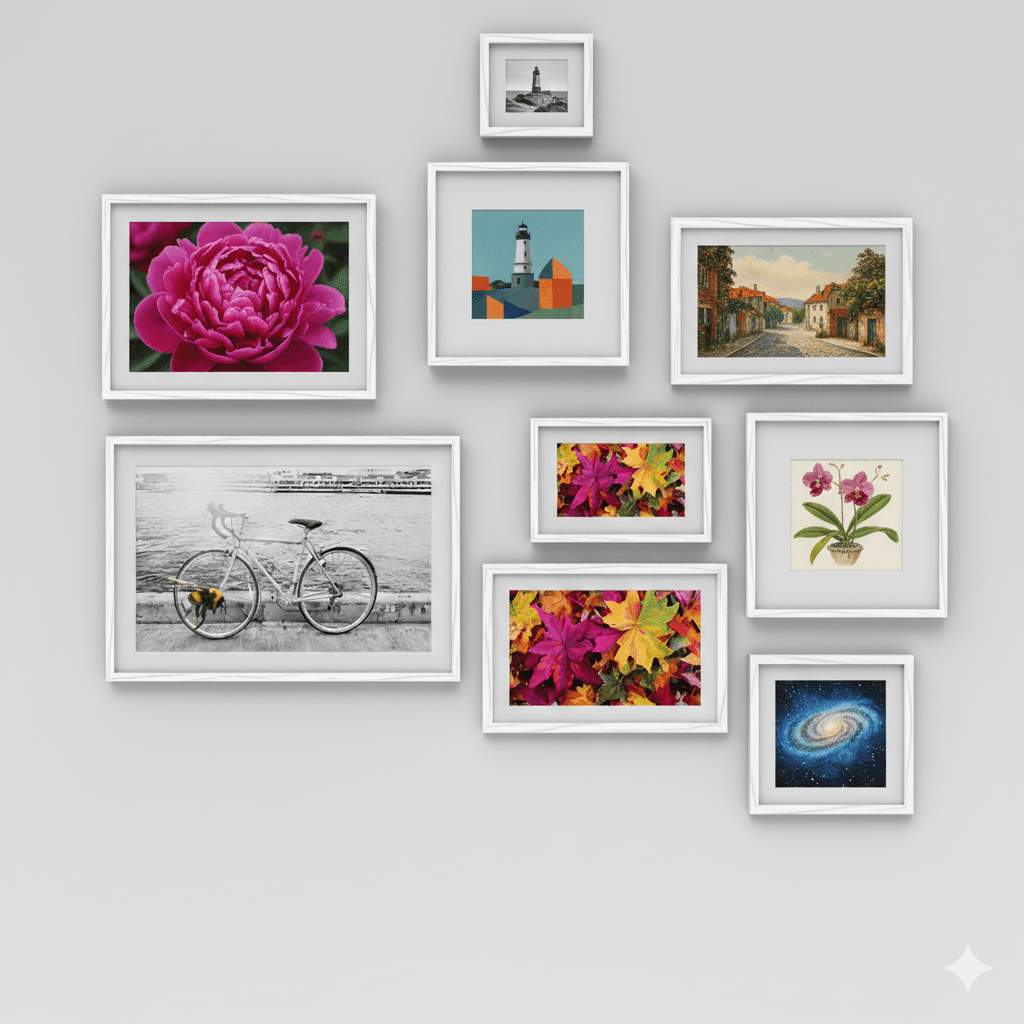 White Wood frames in eclectic gallery wall composition featuring diverse artwork including bicycle photography orchid prints lighthouse art and galaxy images