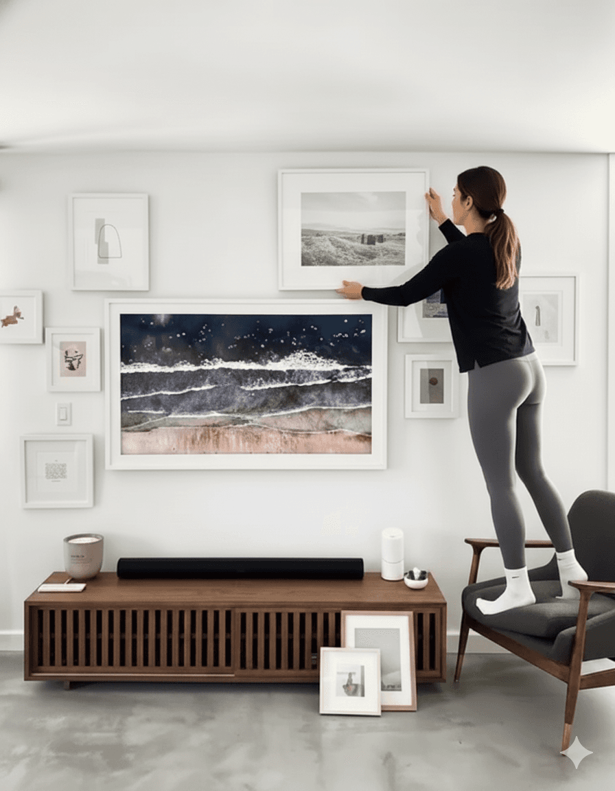 Person arranging White Wood frames in modern gallery wall with coastal ocean photography showcasing versatile white styling for contemporary interiors
