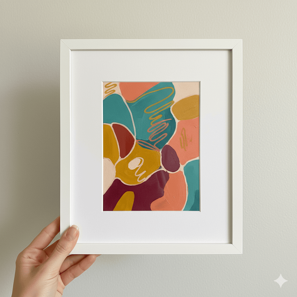 Hand holding White Wood frame with vibrant abstract artwork in teal coral and mustard tones demonstrating clean white finish for colorful contemporary art