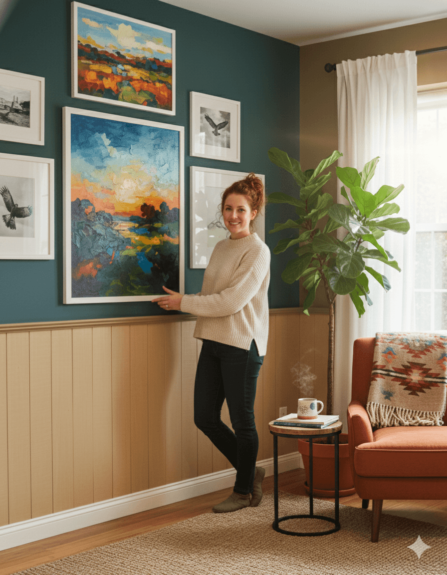 Person presenting White Wood frames in gallery wall on teal accent wall featuring landscape and wildlife photography with warm wood wainscoting